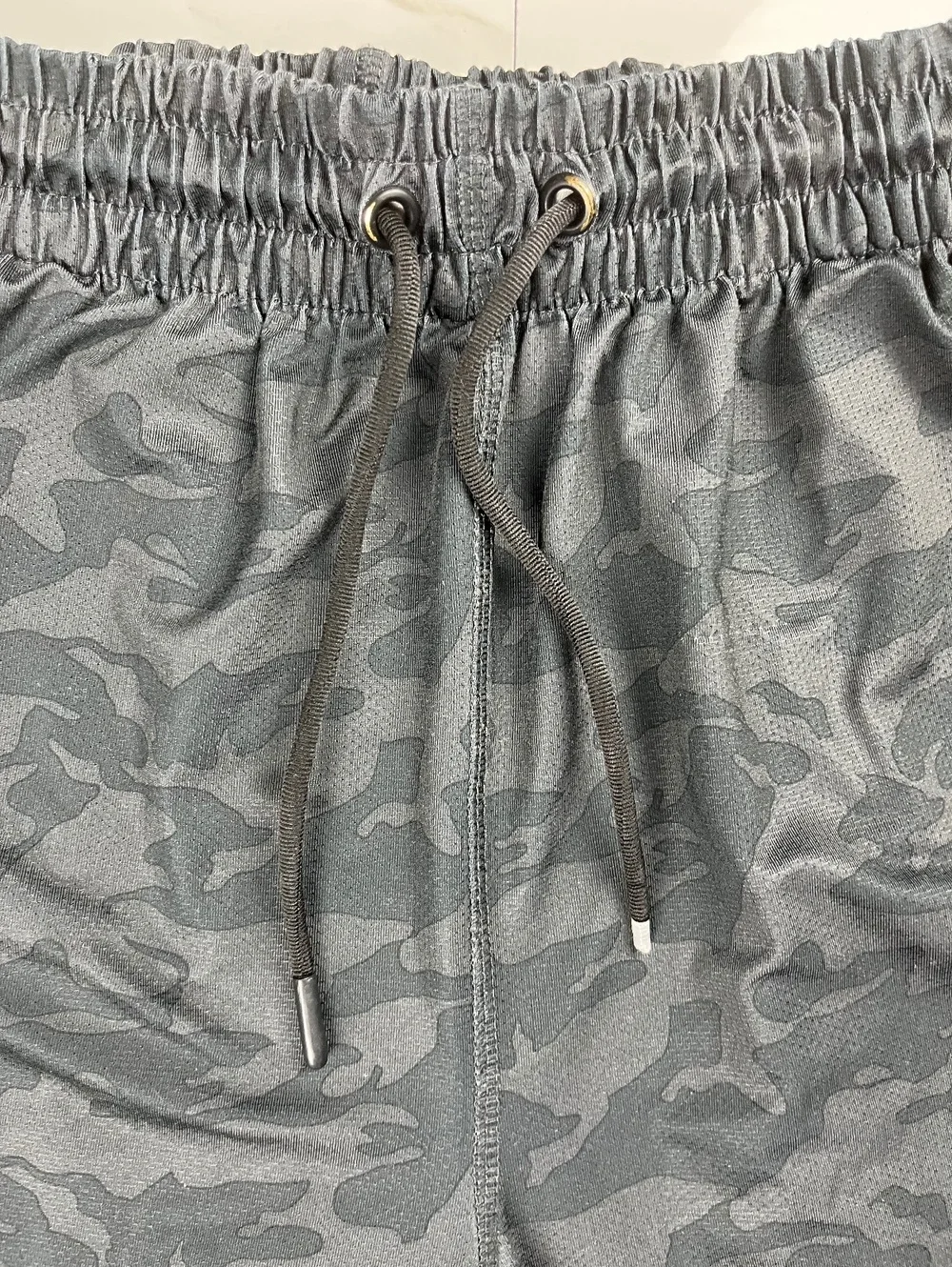 Men's Black and Gray Camouflage Athletic Shorts with Drawstr